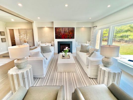 Dining room, Fireplace, Interior, Living room, Recessed Lighting, Wood Texture Flooring