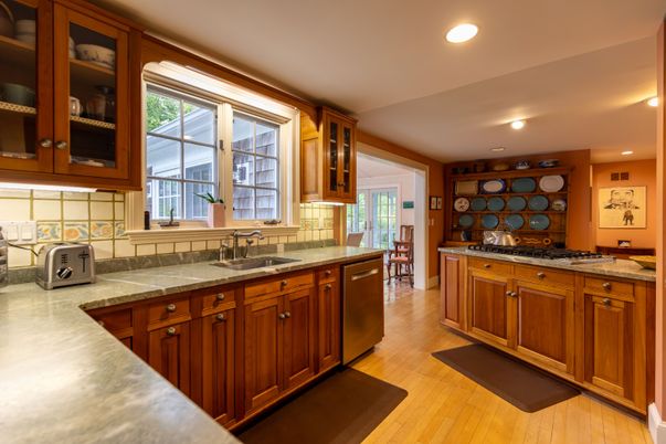 Interior, Kitchen, Recessed Lighting, Tile Countertops, Wood Texture Flooring