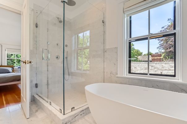 Bathroom, Free Standing Baths, Glass Shower, Interior, Marble, Marble Walls