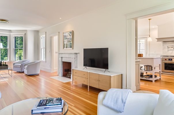 Fireplace, Interior, Kitchen, Pendant Lights, Recessed Lighting, Stainless Steel Appliances, Wood Texture Flooring