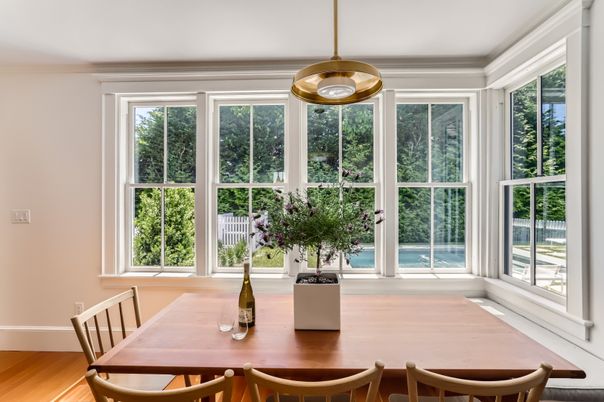 Dining room, Interior, Pendant Lights, Wood Texture Flooring