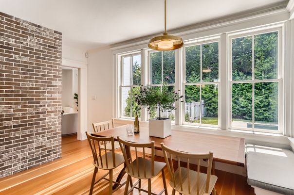 Dining room, Interior, Pendant Lights, Stone Walls, Wood Texture Flooring