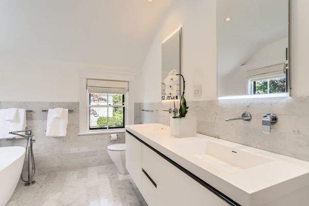 Bathroom, Free Standing Baths, Interior, Marble, Marble Walls, Recessed Lighting