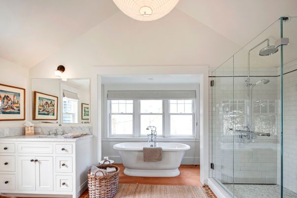 Bathroom, Free Standing Baths, Glass Shower, Interior, Wood Texture Flooring