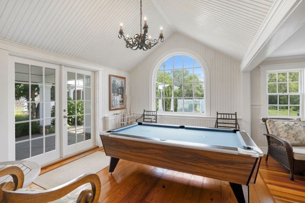 Billiard Table, Chandelier, Game Room, Interior, Wood Texture Flooring