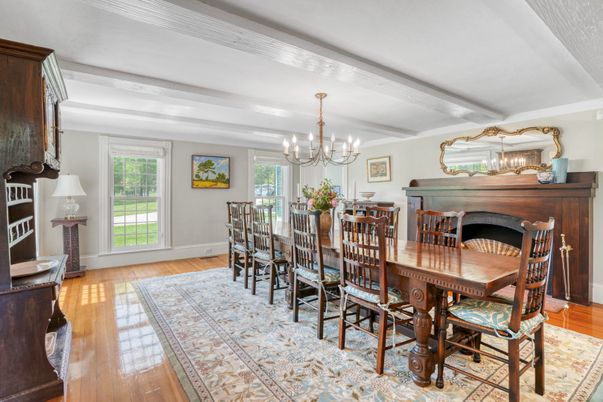 Chandelier, Dining room, Fireplace, Interior, Piano, Wood Texture Flooring