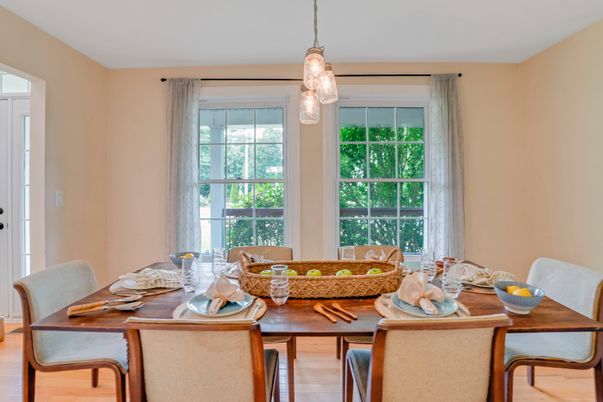 Dining room, Interior, Pendant Lights, Wood Texture Flooring