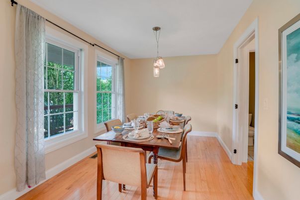 Dining room, Interior, Pendant Lights, Wood Texture Flooring