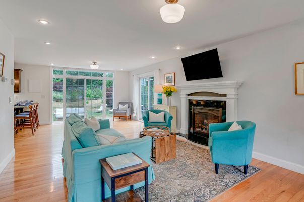 Fireplace, Interior, Living room, Recessed Lighting, Wood Texture Flooring