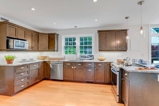 Interior, Kitchen, Pendant Lights, Recessed Lighting, Stainless Steel Appliances, Wood Texture Flooring