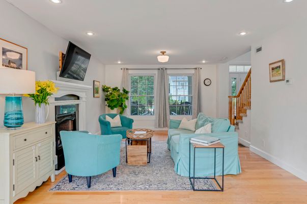 Fireplace, Interior, Living room, Recessed Lighting, Wood Texture Flooring