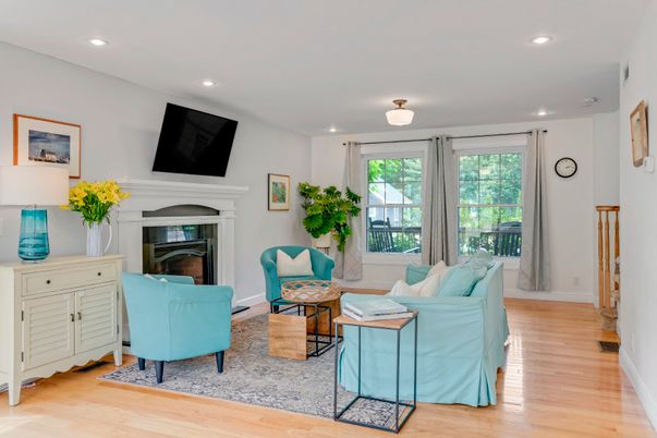 Fireplace, Interior, Living room, Recessed Lighting, Wood Texture Flooring