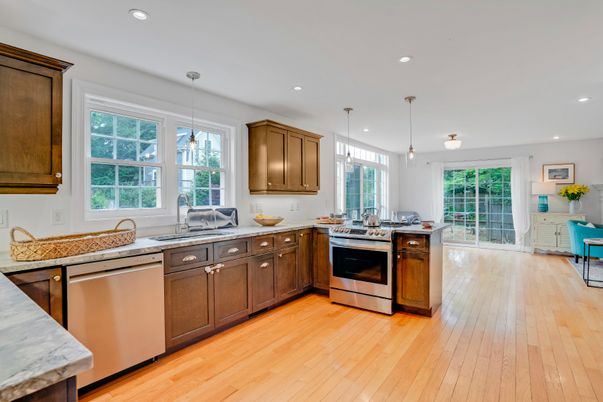Interior, Kitchen, Pendant Lights, Recessed Lighting, Stainless Steel Appliances, Wood Texture Flooring
