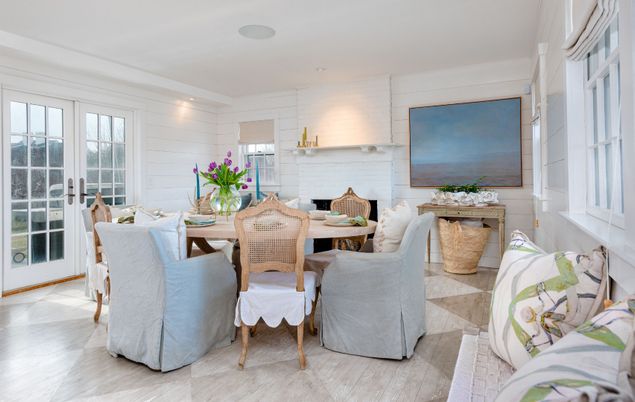 Dining room, Fireplace, Interior, Living room, Recessed Lighting, Stone Walls