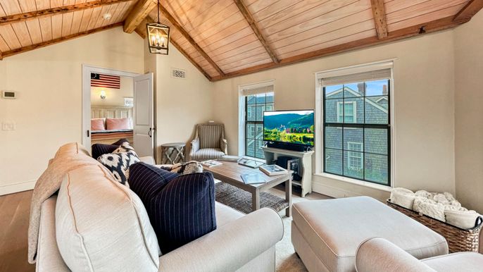 Fireplace, Interior, Living room, Pendant Lights, Wooden Beams, Wooden Ceilings, Wood Texture Flooring