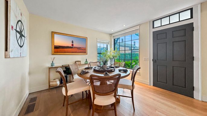 Dining room, Interior, Recessed Lighting, Wood Texture Flooring