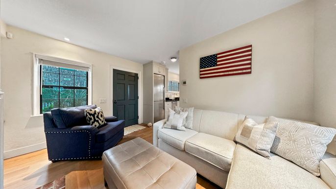 Interior, Living room, Recessed Lighting, Stainless Steel Appliances, Wood Texture Flooring
