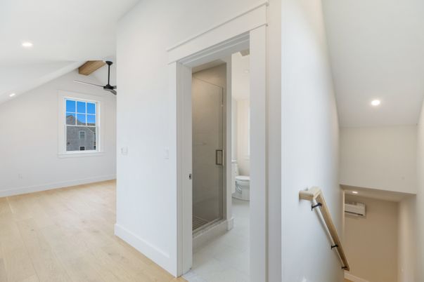 Bathroom, Glass Shower, Interior, Recessed Lighting, Wood Texture Flooring