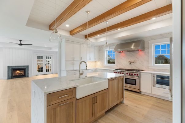 Fireplace, Interior, Kitchen, Pendant Lights, Recessed Lighting, Stainless Steel Appliances, Wooden Beams, Wood Texture Flooring