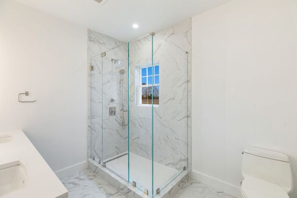 Bathroom, Glass Shower, Interior, Marble, Marble Walls, Recessed Lighting