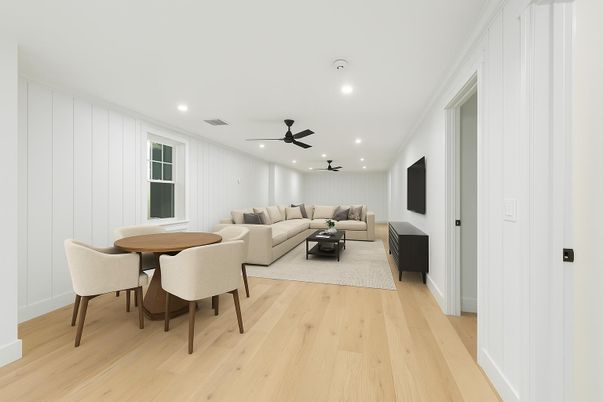 Dining room, Interior, Living room, Recessed Lighting, Wood Texture Flooring