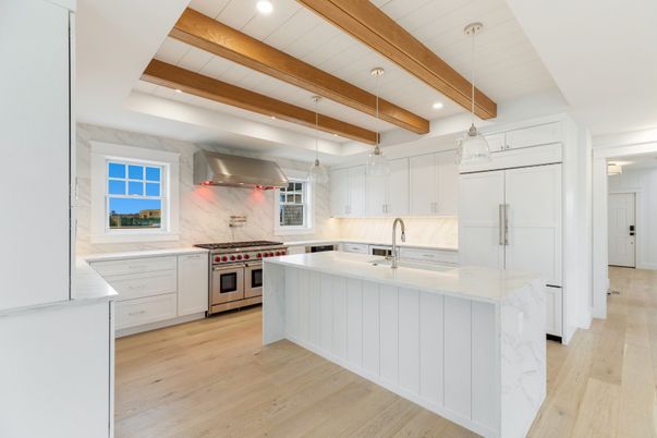 Interior, Kitchen, Pendant Lights, Recessed Lighting, Stainless Steel Appliances, Wooden Beams, Wood Texture Flooring