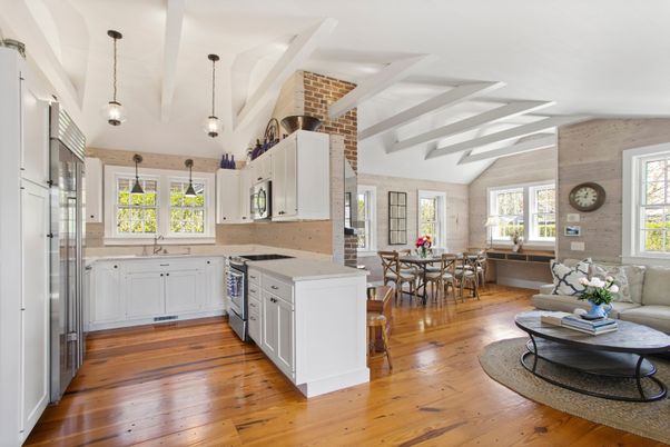 Dining room, Interior, Kitchen, Living room, Pendant Lights, Wood Texture Flooring