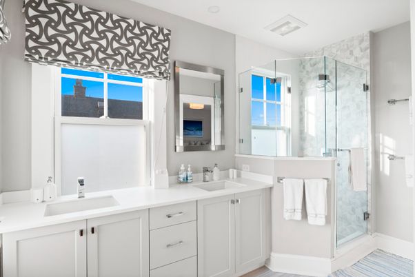 Bathroom, Dual Sink Vanities, Glass Shower, Interior, Wood Texture Flooring