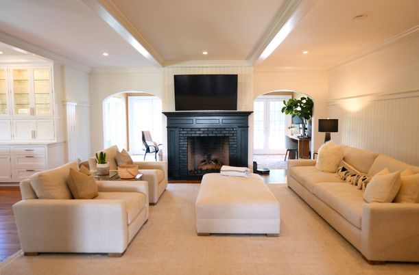 Fireplace, Interior, Living room, Recessed Lighting, Wood Texture Flooring