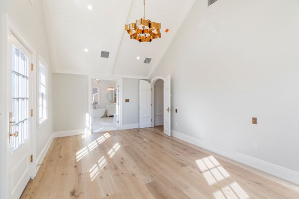 Chandelier, Empty room, Interior, Recessed Lighting, Wood Texture Flooring