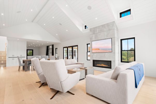 Dining room, Fireplace, Interior, Living room, Recessed Lighting, Wood Texture Flooring