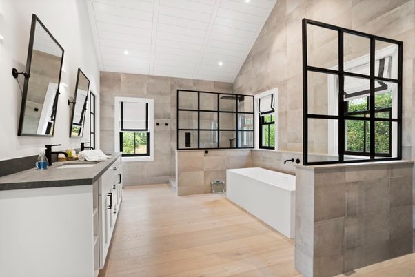 Bathroom, Dual Sink Vanities, Free Standing Baths, Interior, Recessed Lighting, Wood Texture Flooring