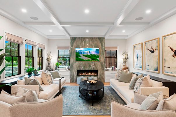 Fireplace, Interior, Living room, Recessed Lighting, Wood Texture Flooring