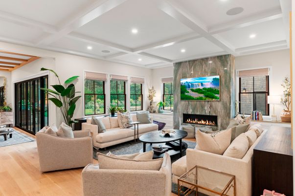 Fireplace, Interior, Living room, Recessed Lighting, Wood Texture Flooring
