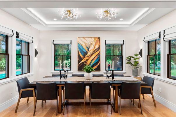 Dining room, Interior, Recessed Lighting, Wood Texture Flooring