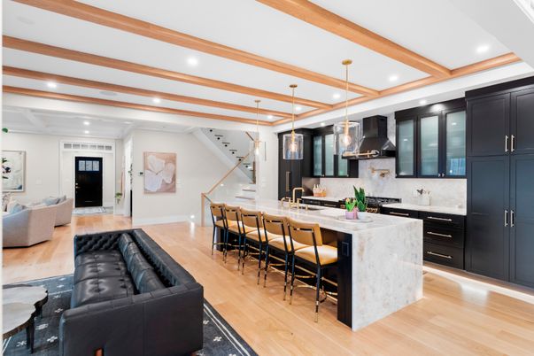 Interior, Kitchen, Pendant Lights, Recessed Lighting, Wooden Beams, Wood Texture Flooring