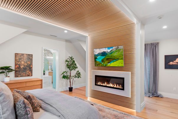 Fireplace, Interior, Recessed Lighting, Wood Texture Flooring