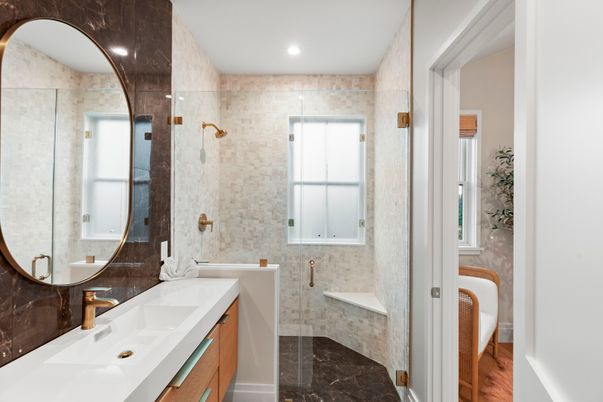 Bathroom, Dual Sink Vanities, Glass Shower, Interior, Marble, Recessed Lighting