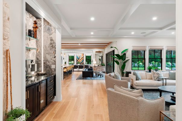 Dining room, Interior, Living room, Recessed Lighting, Wood Texture Flooring