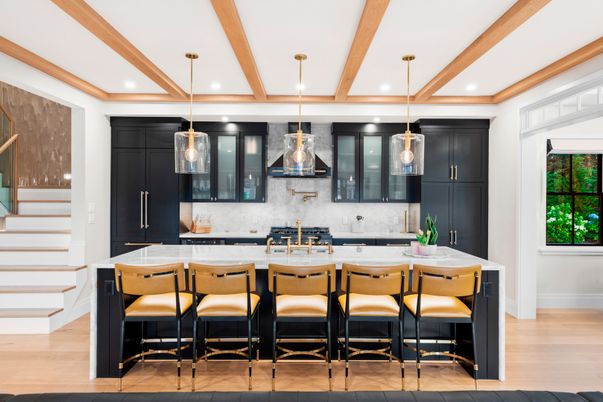 Interior, Kitchen, Pendant Lights, Recessed Lighting, Stainless Steel Appliances, Wooden Beams, Wood Texture Flooring