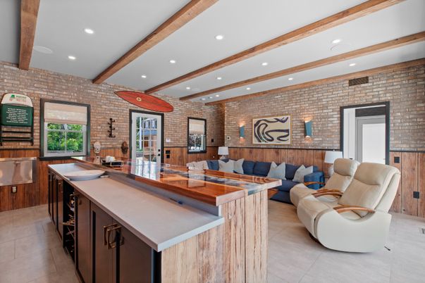Interior, Kitchen, Living room, Recessed Lighting, Stone Walls, Wooden Beams