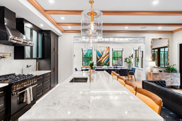 Chandelier, Dining room, Interior, Kitchen, Pendant Lights, Recessed Lighting, Stainless Steel Appliances, Wooden Beams