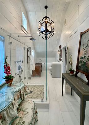 Bathroom, Chandelier, Glass Shower, Interior, Marble, Pendant Lights