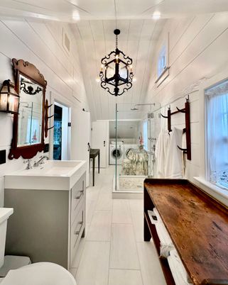 Bathroom, Dual Sink Vanities, Glass Shower, Interior, Pendant Lights