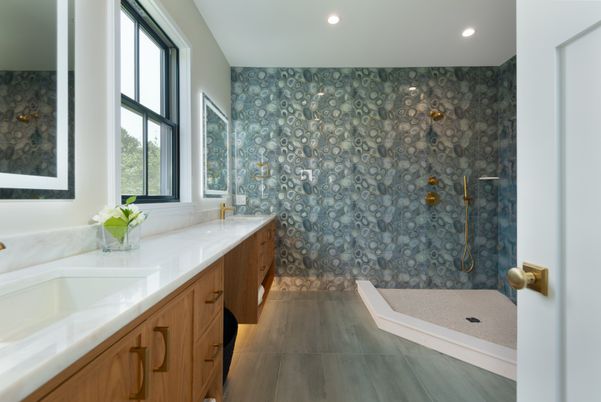 Bathroom, Dual Sink Vanities, Interior, Recessed Lighting, Wood Texture Flooring