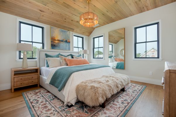 Bedroom, Interior, Pendant Lights, Wooden Ceilings, Wood Texture Flooring