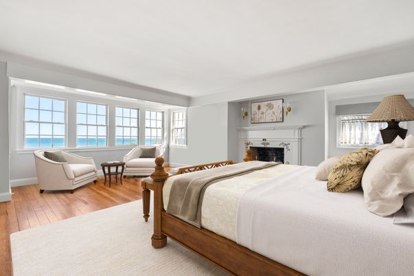 Bedroom, Fireplace, Interior, Water, Wood Texture Flooring