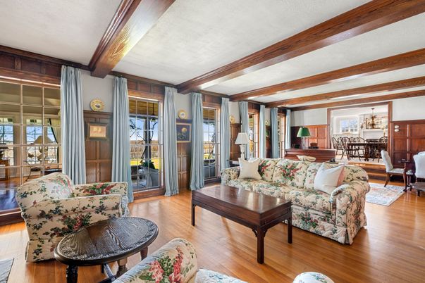 Chandelier, Dining room, Interior, Living room, Wooden Beams, Wood Texture Flooring