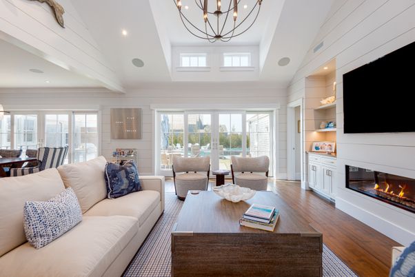 Chandelier, Dining room, Fireplace, Interior, Living room, Recessed Lighting, Wood Texture Flooring