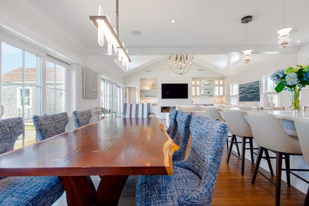 Dining room, Fireplace, Interior, Living room, Pendant Lights, Recessed Lighting, Wood Texture Flooring